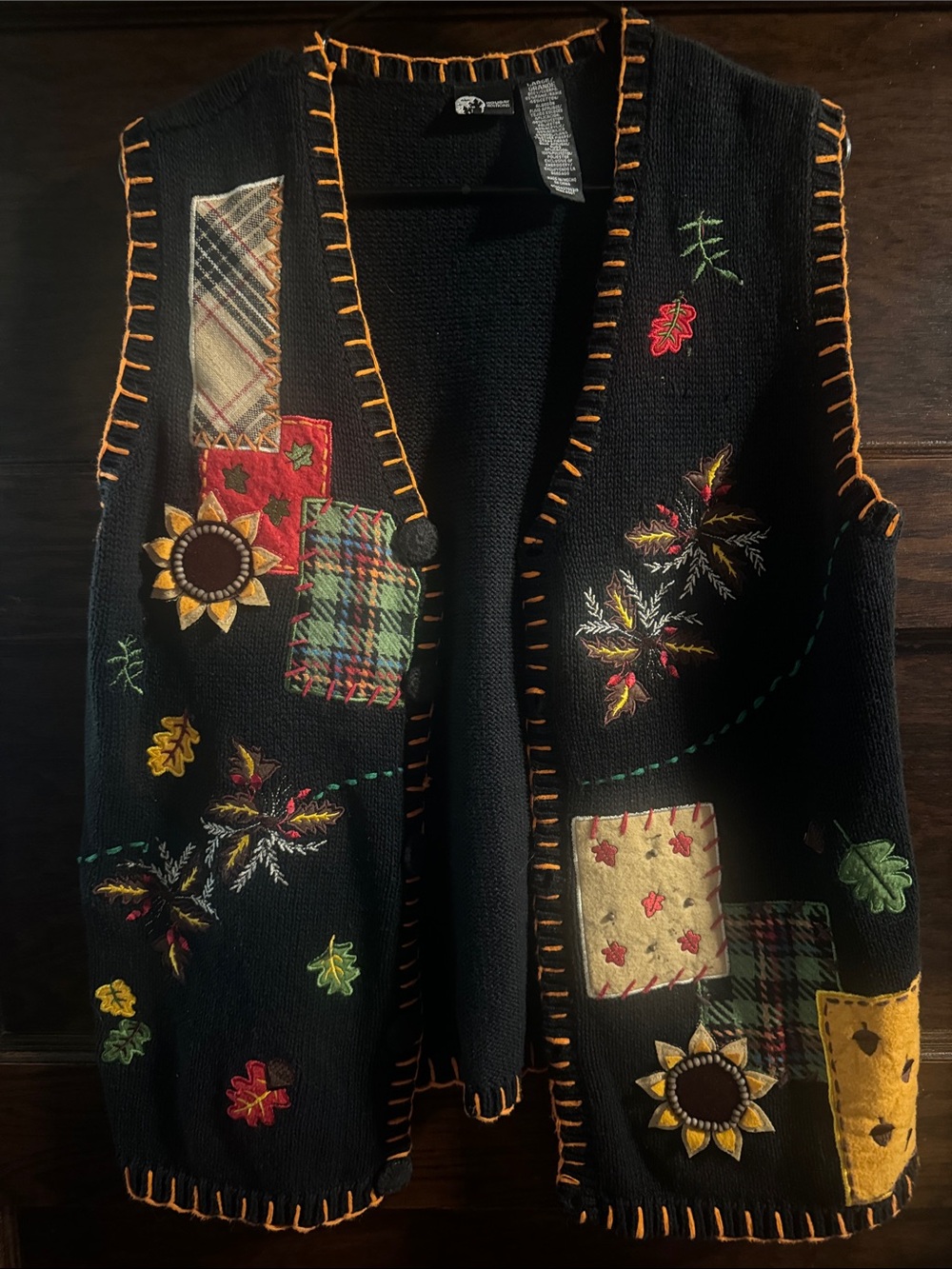 Holiday Editions Black Embroidered Patchwork Cardigan Vest with Fall Motifs